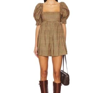 Selkie Brown Plaid Puff Sleeve Romper